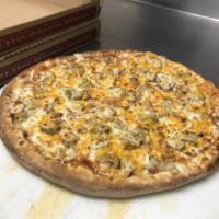 BBQ Chicken Pizza · Fresh provolone cheese, chicken, smoke BBQ sauce, onions and cheddar cheese.
