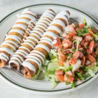 3 Flautas · Choice of filling, rolled with cheese in flour tortilla and fried. Served with pico de gallo...