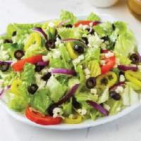 Family Greek Salad · Fresh-cut lettuce blend, feta cheese crumbles, black olives, sliced tomatoes, red onions and...