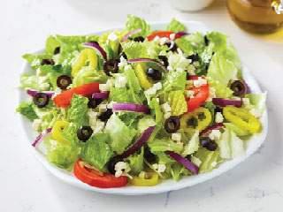 Regular Greek Salad · Fresh-cut lettuce blend, feta cheese crumbles, black olives, sliced tomatoes, red onions and banana peppers; served with Greek dressing.