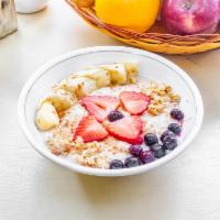 Oatmeal Bowl · 22g Protein, 4g Sugar, Dietary Fiber, Calcium, Iron, Potassium, Vitamin A, Vitamin C. Contai...