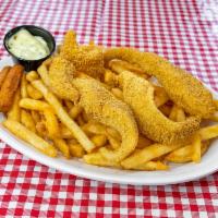 Catfish Dinner · Whole fillet of catfish, 2 side items, 2 hushpuppies, and tartar sauce.