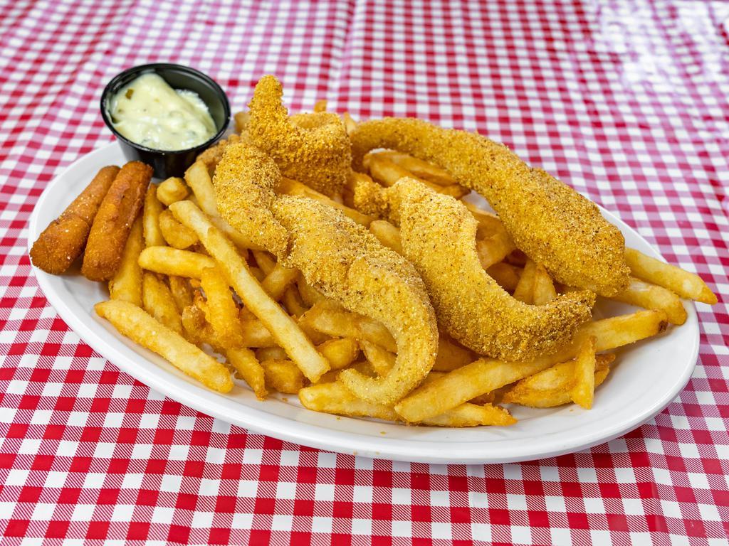 Catfish Dinner · Whole fillet of catfish, 2 side items, 2 hushpuppies, and tartar sauce.