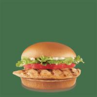 Grilled Chicken Sandwich · A grilled chicken fillet topped with crispy chopped lettuce, thick-cut tomato and mayo on a ...