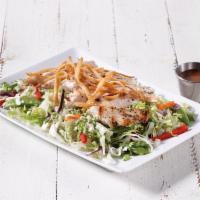 Asian Salad · Grilled chicken, romaine, cabbage, carrots, snap peas, red peppers, wonton strips, green oni...