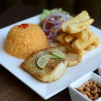 Pescado Warique · Crispy fish filet served with yellow rice, yuca frita, and salsa criolla.