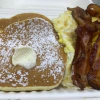 Red Cup Pancake Combo · Pancakes with eggs and bacon