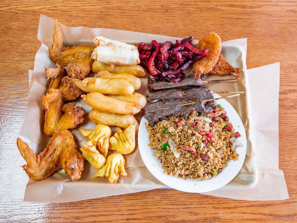 A13. Pu Pu Platter with Pork Fried Rice · Boneless spare ribs, teriyaki beef (on a stick), spring roll, chicken finger, chicken wings (2), jumbo shrimp and Crab Rangoon.