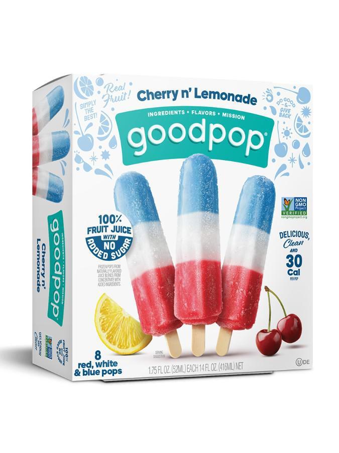 GoodPop Red, White & Blue Popsicle (1.75 oz x 8-pack) · Red, White & Blue is a bright and sweet Cherry n' Lemonade flavor made of 100% fruit juice and contains no added sugar. It's a delicious and clean treat you can feel GOOD about.