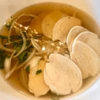 15. Chicken Pho · Savory Vietnamese style chicken broth ladled over rice noodles and sliced chicken breast, se...