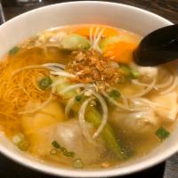 23. Wonton Noodle Soup · Handmade pork and shrimp wontons, with a variety of vegetables served fresh egg noodles in f...