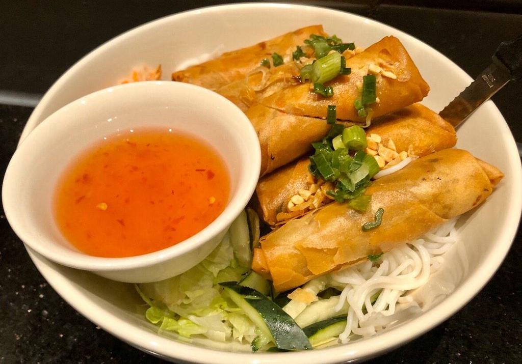  29b. Vegetarian Crispy Rolls Noodle/Rice · Crispy rolls stuffed with tofu, taro, cabbage, glass noodles served with homemade vegetarian sauce.