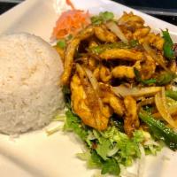 35. Lemongrass Chili Chicken · Tender chicken breast slices stir fried with lemongrass, chili, and onion, tossed in rice wi...