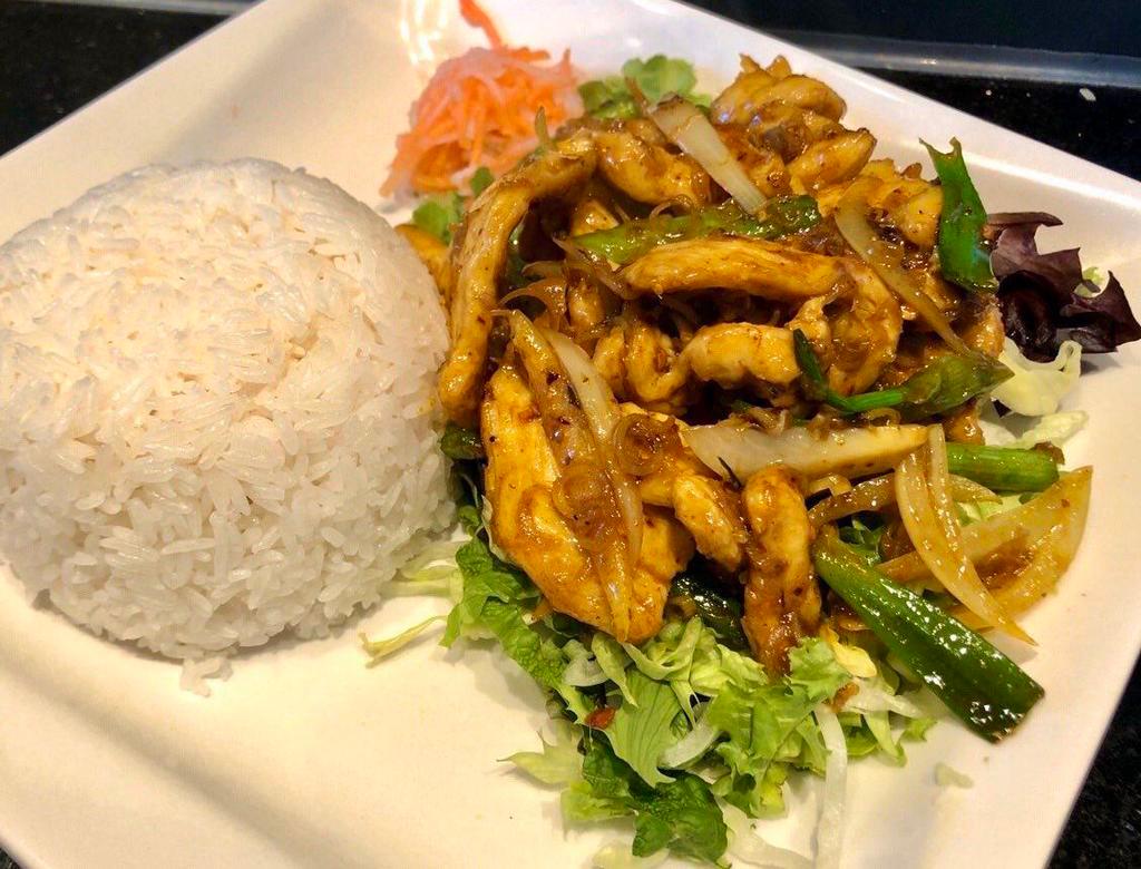 35. Lemongrass Chili Chicken · Tender chicken breast slices stir fried with lemongrass, chili, and onion, tossed in rice wine and garlic oyster sauce served with jasmine rice. 
***Gluten-free upon request. 