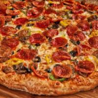 Supreme Pizza · Pepperoni, sausage, red onions, green peppers, banana peppers, sauteed mushrooms, black oliv...