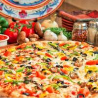 Veggie Pizza · Tomatoes, sauteed mushrooms, banana peppers, broccoli, black olives, green peppers, red onio...