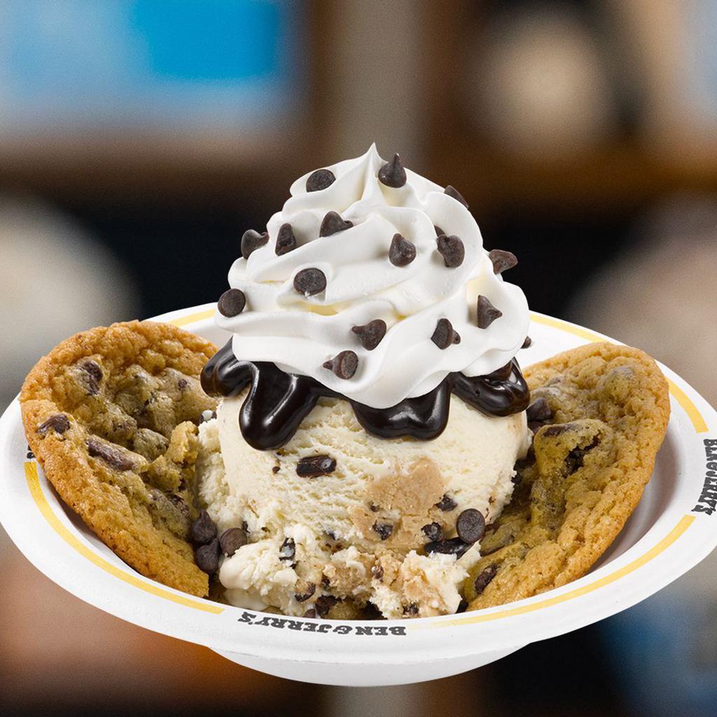 Custom Sundae 2 Scoops · Includes choice of a freshly baked brownie or two freshly baked chocolate chip cookies, two scoops of your favorite flavor(s) ＆ three toppings of your choice!