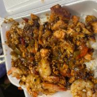 Chicken and Shrimp over Rice · Grilled Chicken Breast and Shrimp marinated in Honey Garlic or Teriyaki over a bed of rice w...
