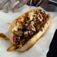 NB Salmon & Shrimp Cheesesteak · Salmon and Shrimp w/ American cheese, chipotle ranch, honey garlic, peppers and onions on a ...