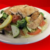 Grilled Chicken Salad · (Grilled chicken breast) Includes lettuce, tomato, onion, green peppers, black olives, brocc...