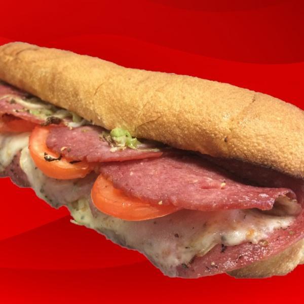 Salami and Cheese Sub · Dressed with lettuce, tomato, onions, smoked provolone cheese, oil and vinegar and spices.