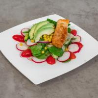 4. Alaskan Salmon Salad · Grilled salmon fillet, mixed greens, tomatoes, walnuts and radish slices. Served wtih house ...