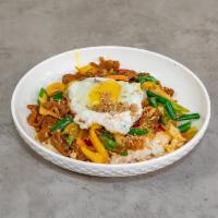 2. Bulgogi and Vegetable Rice  · Marinated beef in sweet soy sauce, sunnu side egg, assorted vegetables and spicy sauce.