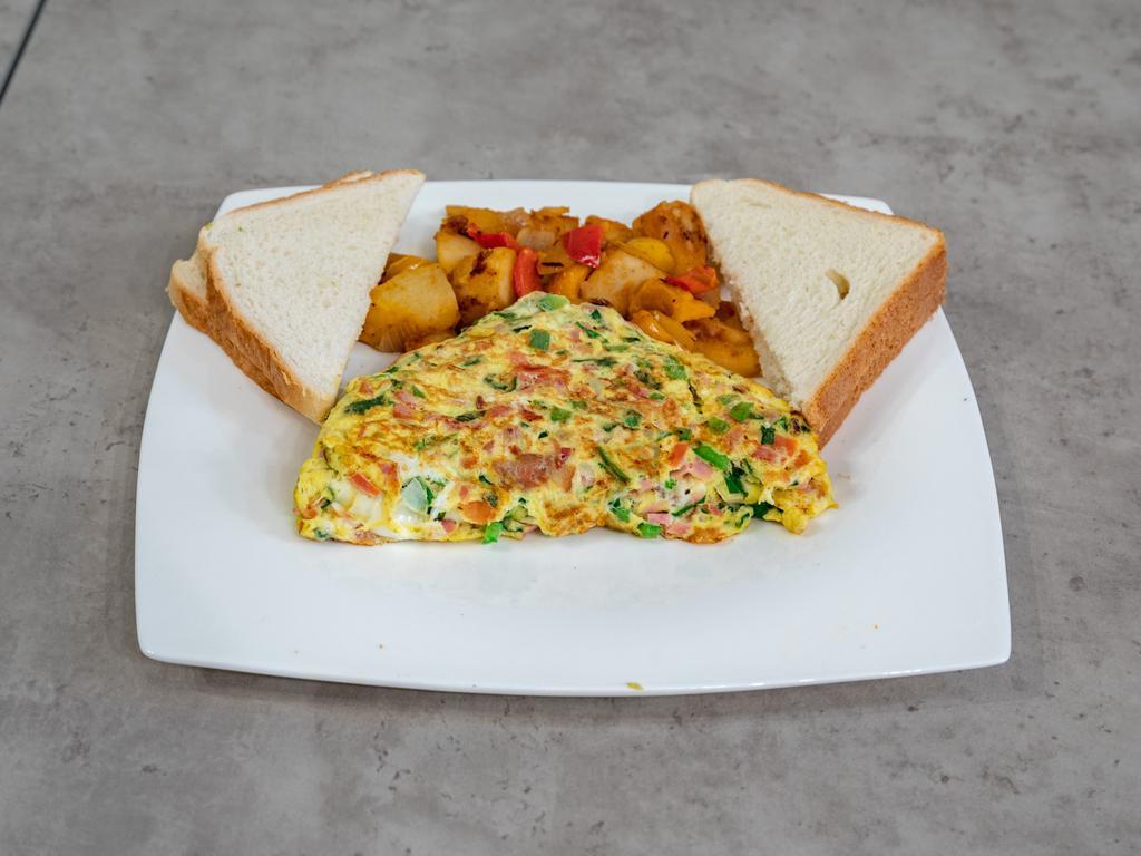 8. Meat Lover's Omelette · Bacon, sausages, ham, peppers, onions, tomato and spinach.