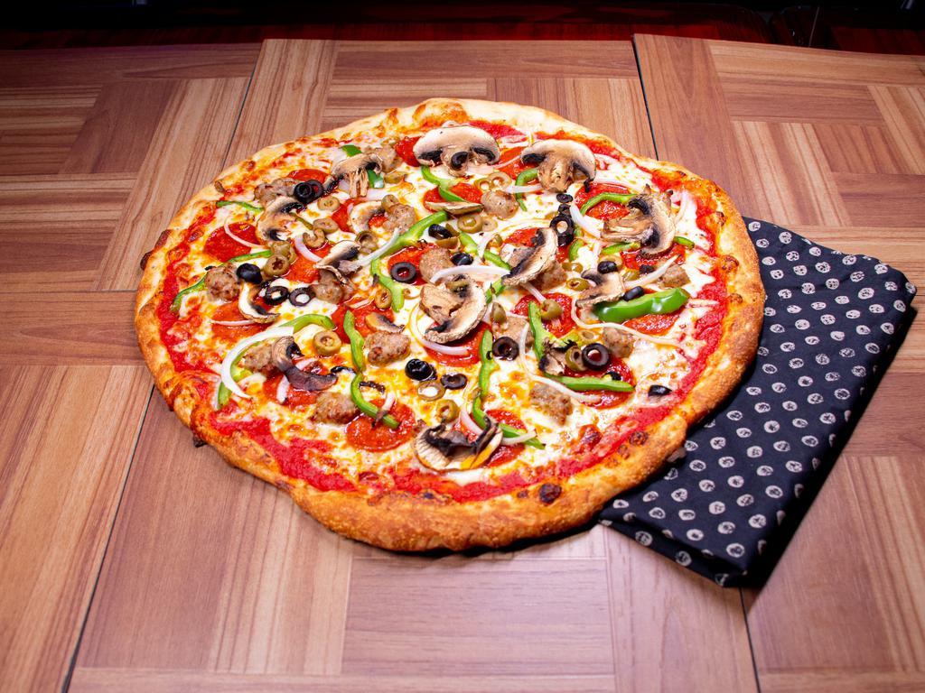 Supreme Grand Pizza · Pepperoni, mushrooms, onions, bell peppers, sausage green and black olives.