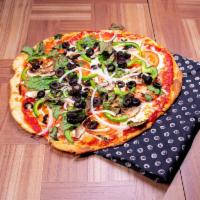 Veggie Supreme Pizza · Mushrooms, onions, bell peppers, green and black olive spinach and tomatoes.