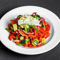 Greek Salad · Organic cherry tomatoes, cucumbers, red onions, olives, peppers, dodonis feta cheese, oregan...