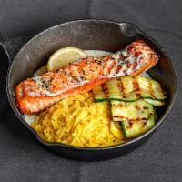 Wild Scottish Salmon · Marinated grilled vegetables, rice pilaf and extra virgin olive oil.