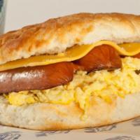 Link Sausage and Egg · Finely chopped or ground meat, often mixed with seasoning.