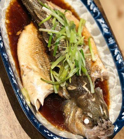 Steamed Whole Bass Ginger Scallion · Cooked using moist heat. 