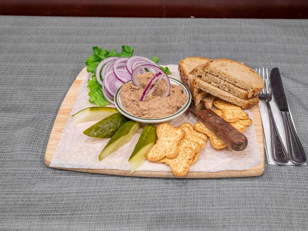 Chicken Liver Paté · Served with Rye Bread, Crackers, Raw Onions & Pickles.