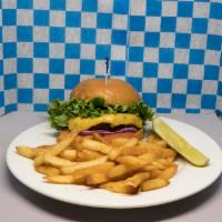 Cheeseburger · Served on a Fresh-Baked Brioche Bun with Lettuce, Tomato and Onions.