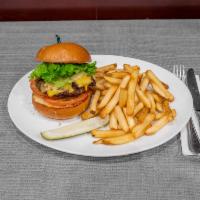 Bacon Cheeseburger · Served on a Fresh-Baked Brioche Bun with Lettuce, Tomato and Onions.