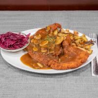 Jägerschnitzel · Breaded and Fried Pork Cutlet with Mushroom Hunter Gravy. Served with Home Fried Potatoes & ...