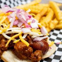 Chili Cheese Dog · 1/4 pound all beef frank smothered in homemade chili and topped with jack and colby cheese.
