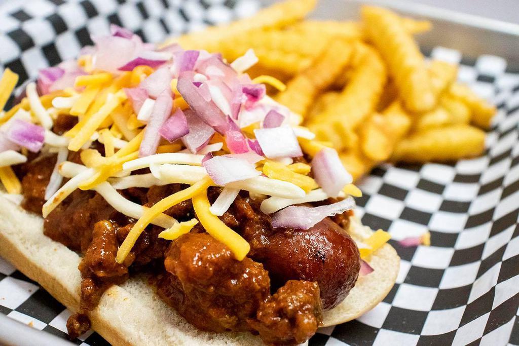 Chili Cheese Dog · 1/4 pound all beef frank smothered in homemade chili and topped with jack and colby cheese.