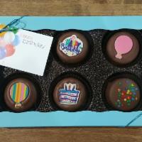 Chocolate Dipped Oreo Birthday Gift Pack · 6 Milk Chocolate Dipped Oreos in a clear view gift box with birthday decorations. We can tra...
