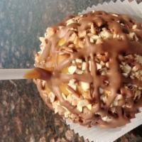 English Toffee Caramel Apple · Granny Smith Apple, Handmade Caramel, with almonds, toffee and milk chocolate.