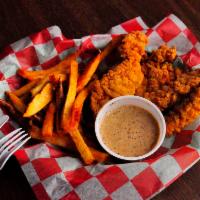Chicken Tenders · Breaded chicken tenders served with fries and gravy.