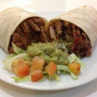 31. Grilled Chicken Burrito · Chicken, Rice, Cheese, Black Beans, Lettuce, Tomatoes and Guacamole in a Large Flour Tortill...