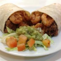 34. Grilled Shrimp Burrito · Grilled Shrimp, Rice, Cheese, Black Beans, Lettuce, Tomatoes and Guacamole in a Large Flour ...