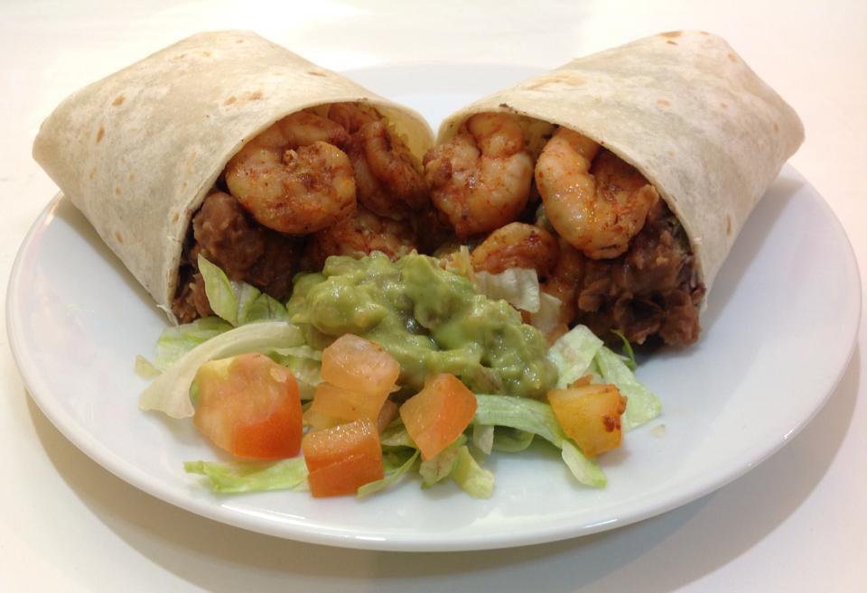 34. Grilled Shrimp Burrito · Grilled Shrimp, Rice, Cheese, Black Beans, Lettuce, Tomatoes and Guacamole in a Large Flour Tortilla Wrap