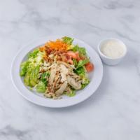 Chicken Cobb Salad · Lettuce, grilled chicken, bacon, avocado, tomatoes, cucumbers, shredded carrots and mozzarel...