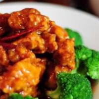 K8. Large General Tso's Chicken · Chunks of chicken lightly fried with hot pepper sauce. Served with rice. Hot and spicy.