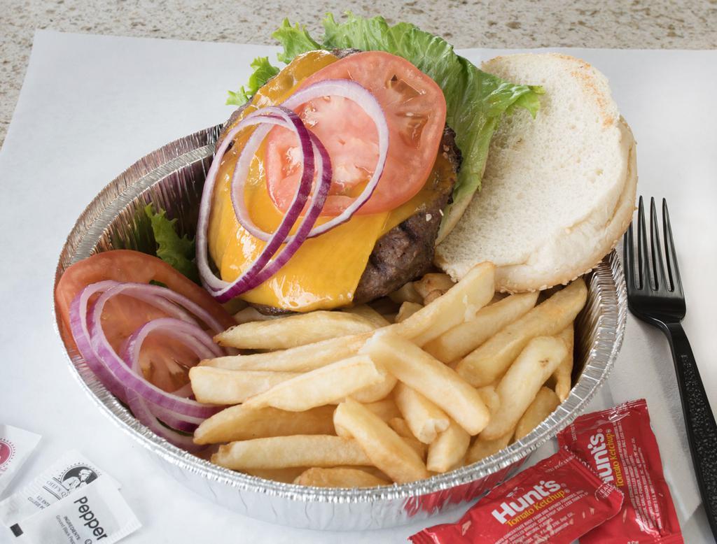 Cheeseburger Deluxe · Served with lettuce, tomato, onion, american cheese. Includes French Fries.