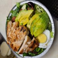 Cobb Salad · Romaine lettuce, grilled chicken, bacon, hard-boiled egg, cucumber, avocado, cheddar cheese ...